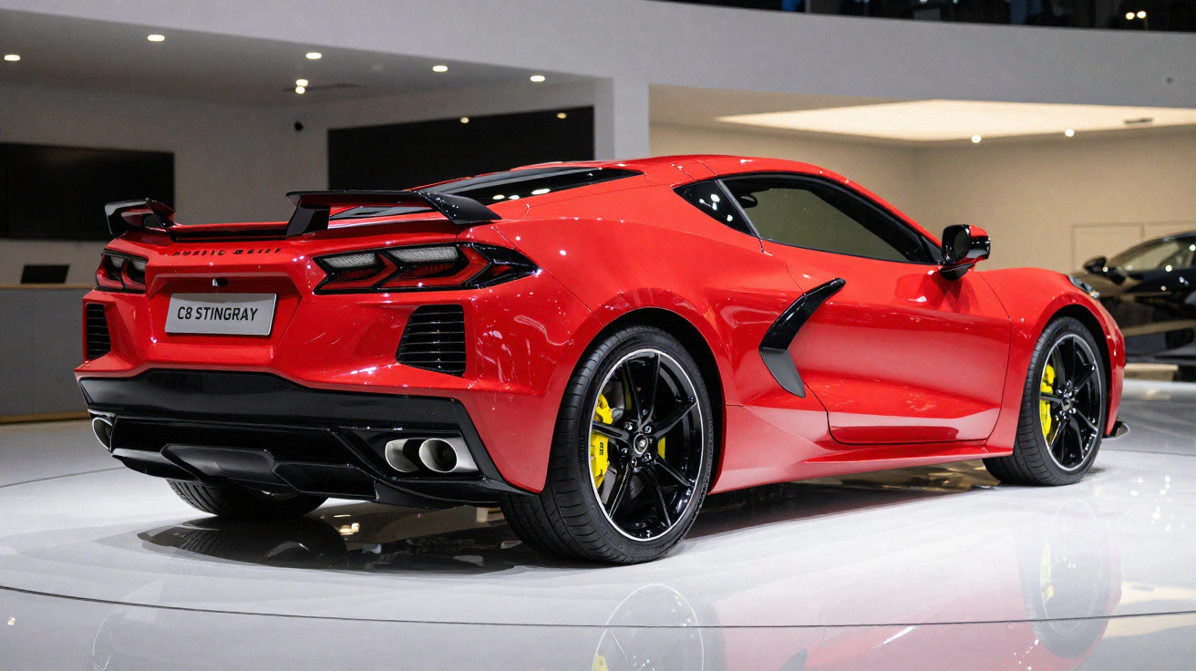 Carro esportivo vermelho Chevrolet Corvette C8 Stingray em exposição em ambiente interno.