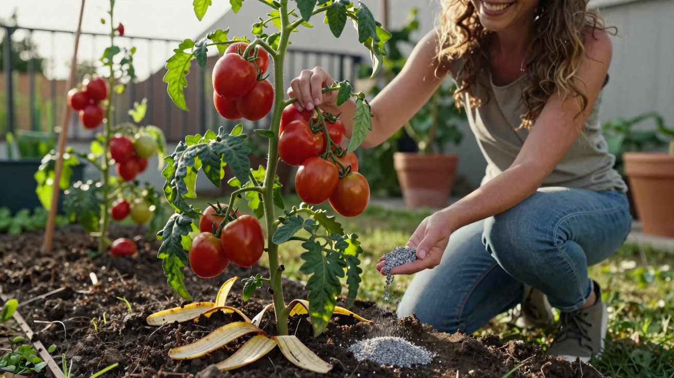 Mulher sorrindo cuidando de planta de tomate com frutos vermelhos no jardim ensolarado.