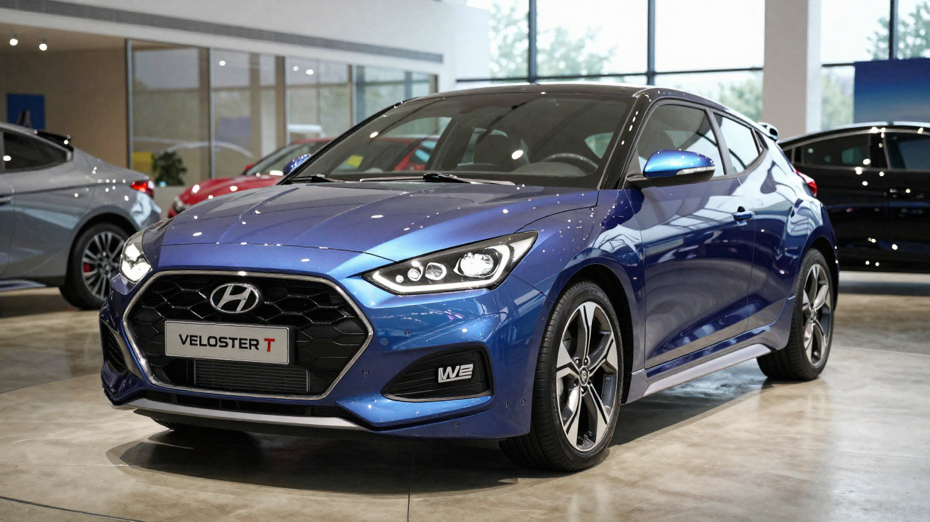 Carro Hyundai Veloster T azul exposto em showroom com iluminação natural e piso de cimento polido.