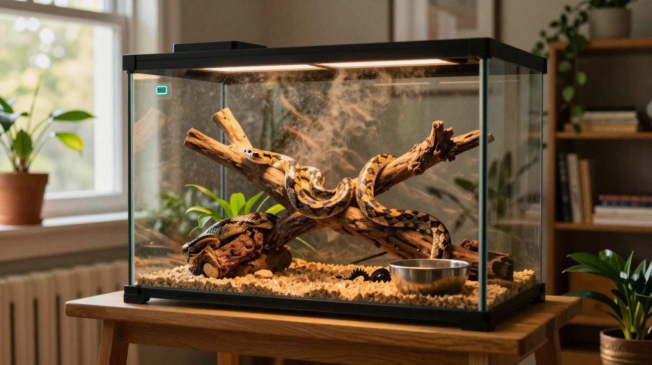 Cobra em terrário de vidro com troncos, plantas, tigela de água e aquecedor ligado em sala iluminada.