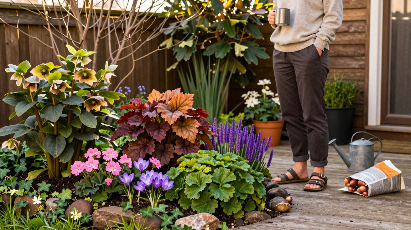 Jardim colorido com flores diversas e pessoa com roupa casual segurando caneca em varanda de madeira.