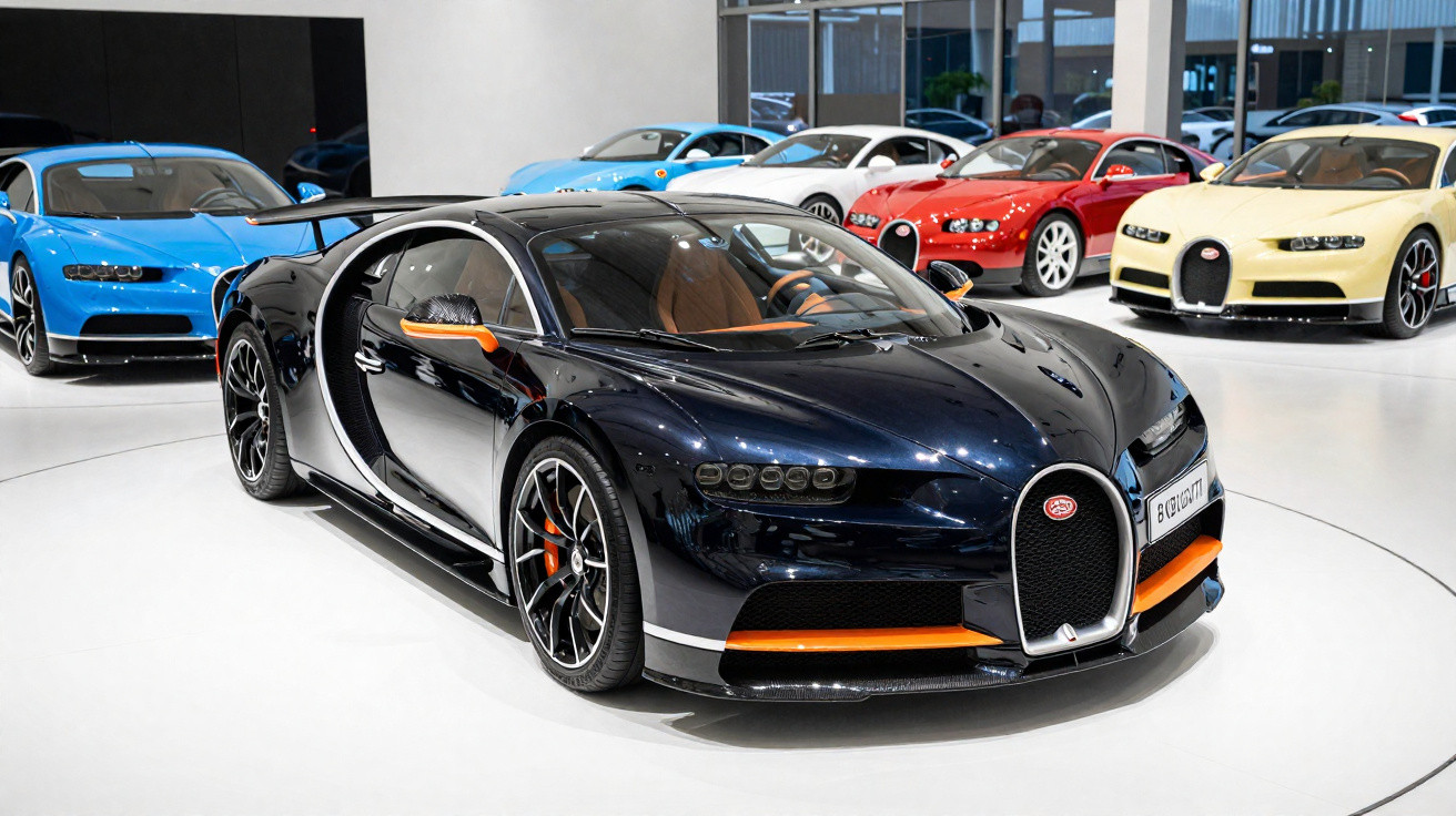Carros esportivos Bugatti de várias cores expostos em showroom com destaque para modelo preto e laranja.