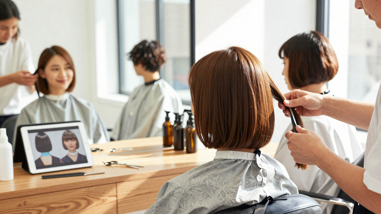 Cliente com corte de cabelo curto sendo estilizado em salão moderno com espelho e tablet exibindo penteado.