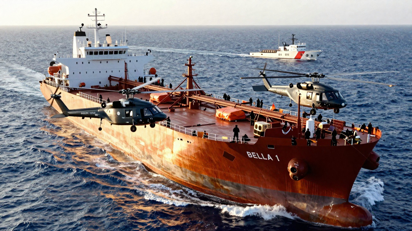 Navio cargueiro vermelho Bella 1 com dois helicópteros pairando ao lado no mar aberto.