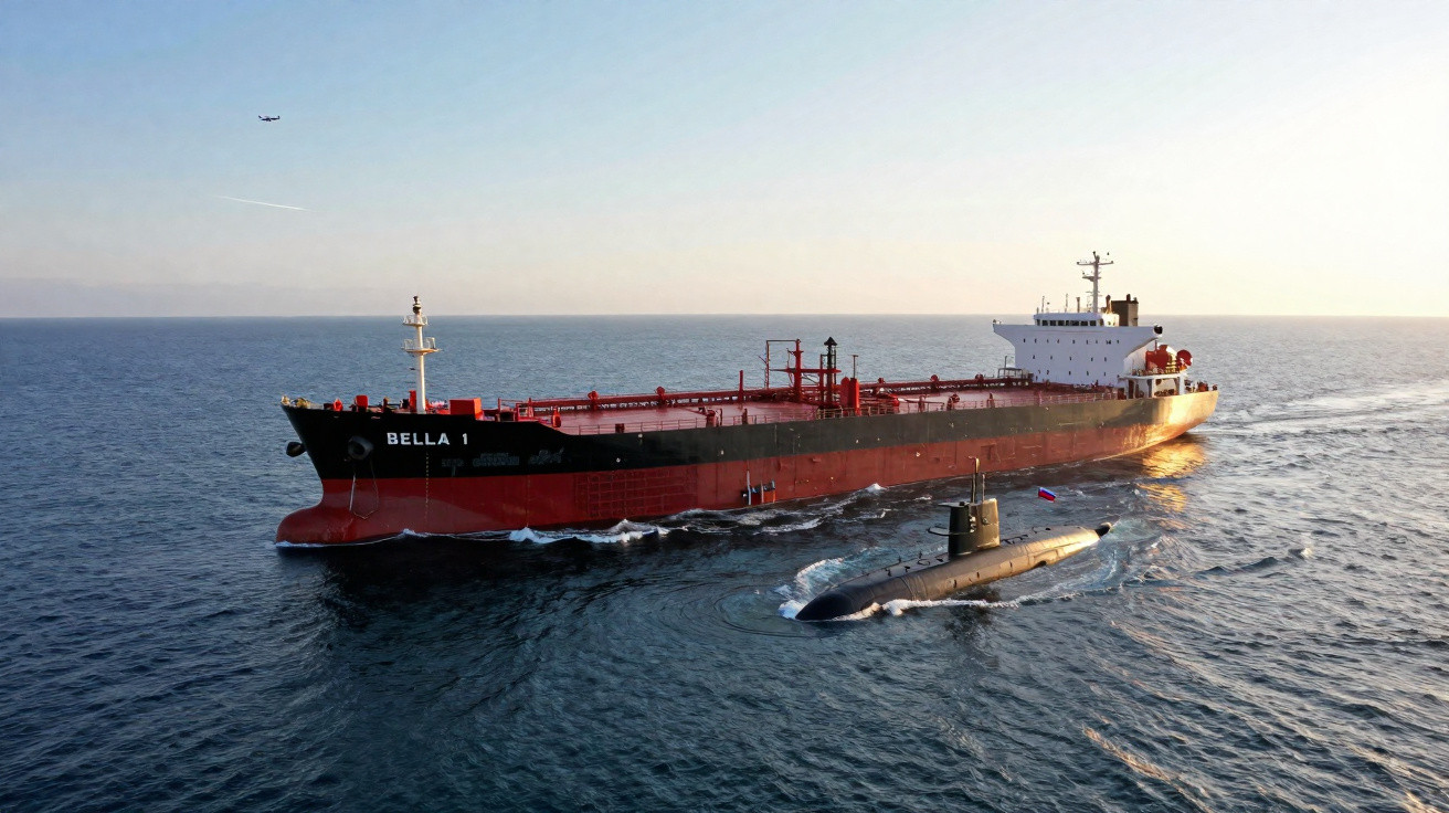 Navio petroleiro Bella 1 navegando ao lado de submarino no mar sob céu claro ao entardecer.
