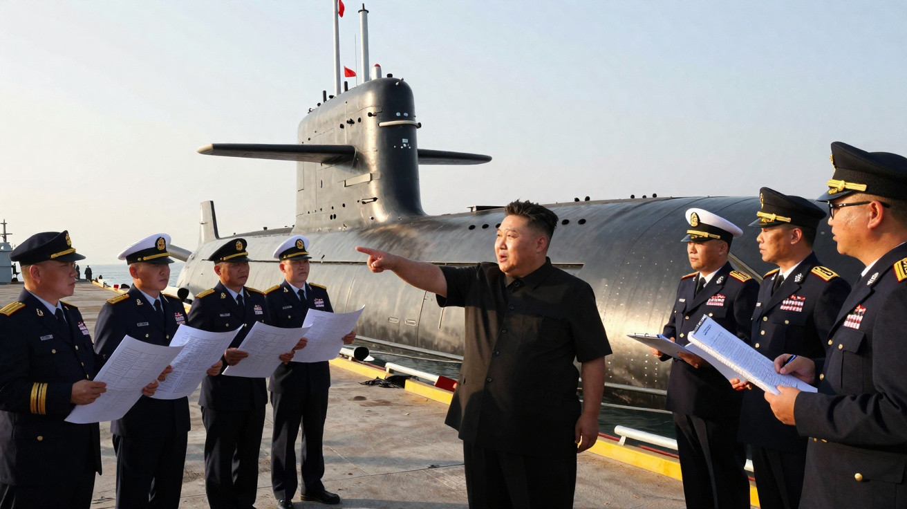 Líder apontando enquanto militares em uniformes escutam na doca ao lado de um submarino preto.