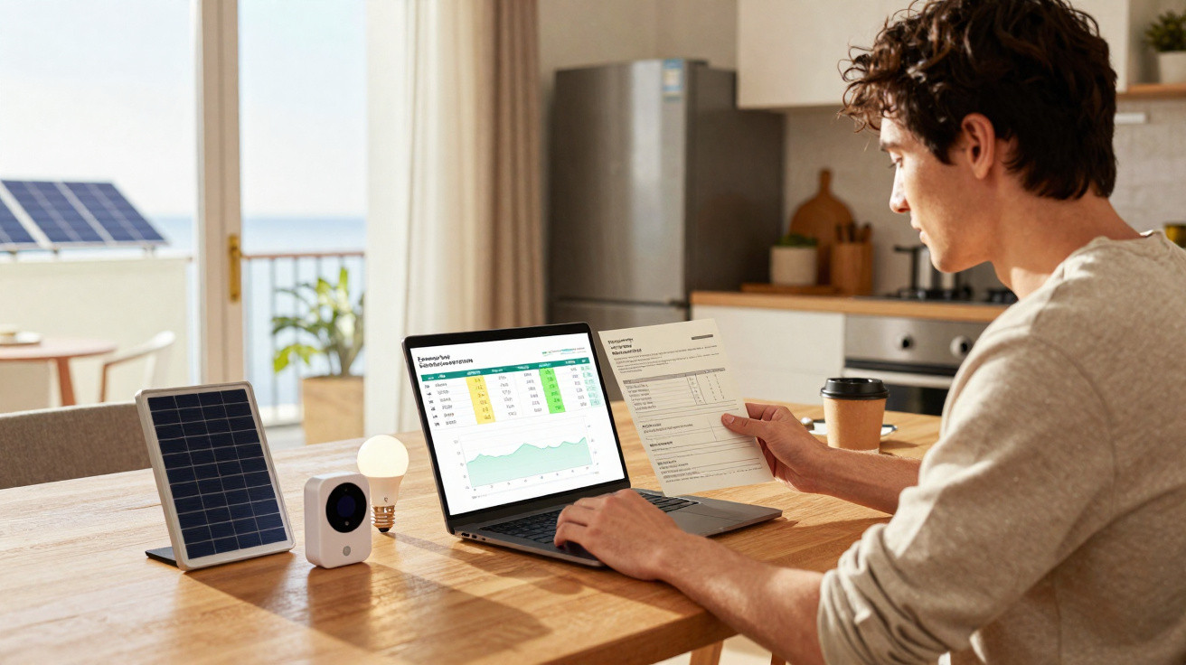 Pessoa analisando contas e gráfico de consumo energético em laptop, com painel solar e lâmpada na mesa.