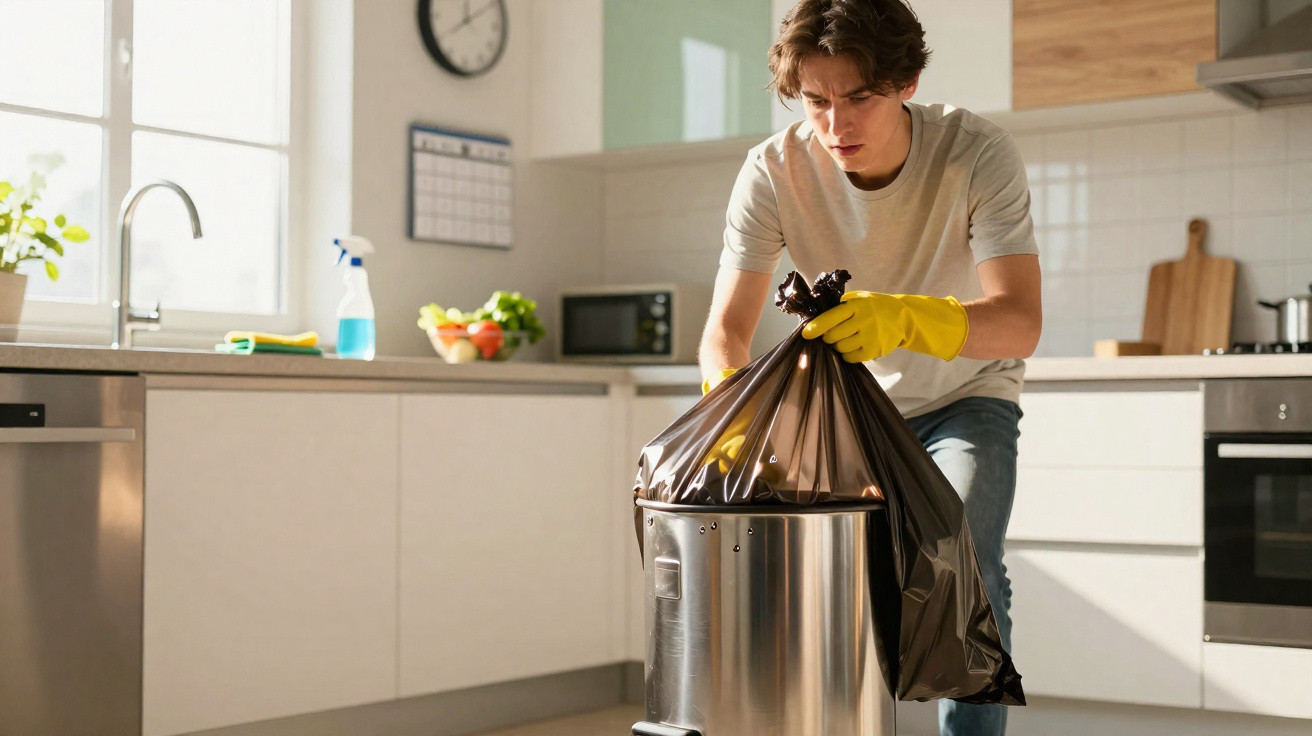 Jovem usando luvas amarelas colocando saco de lixo em lata de cozinha moderna bem iluminada.