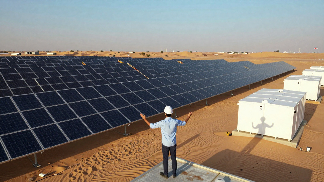 Homem de capacete observa grande campo de painéis solares instalados em deserto arenoso.