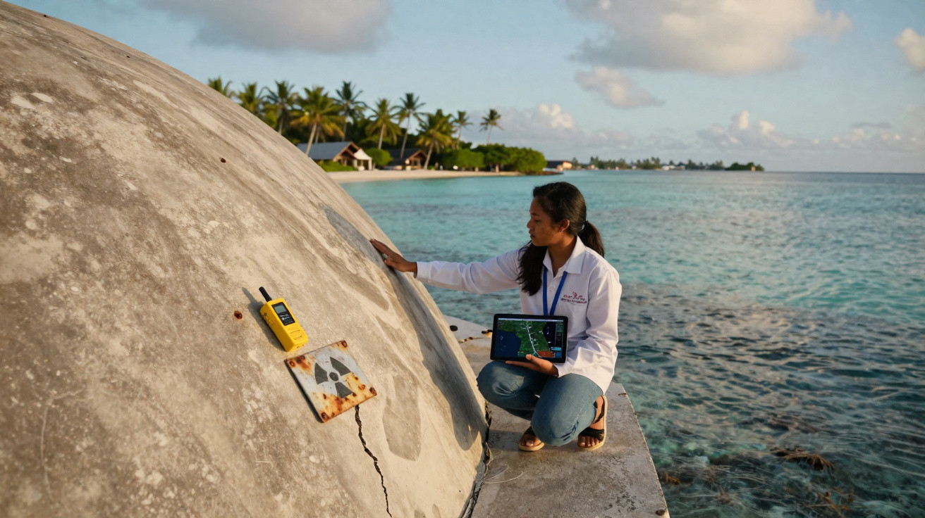 Mulher agachada em ilha tropical analisa estrutura com tablet e medidor próximo ao mar.
