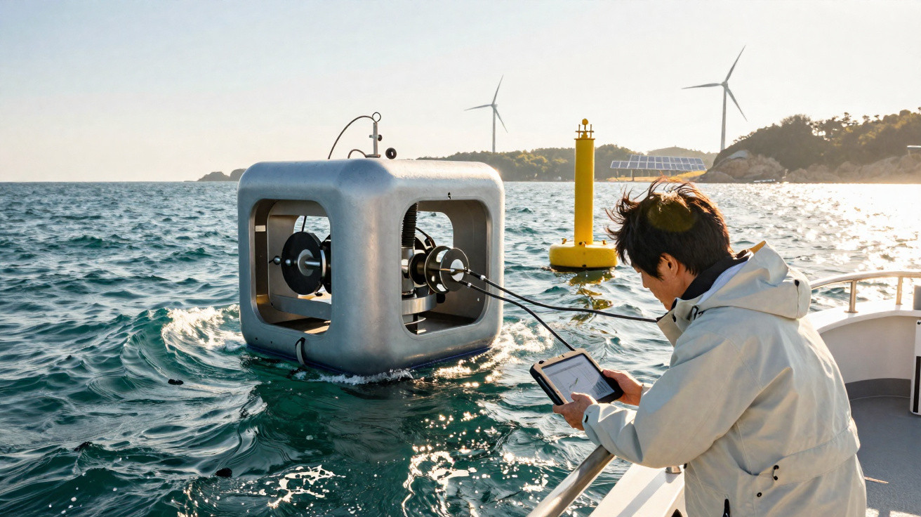 Pessoa operando equipamento tecnológico conectado a dispositivo flutuante no mar com turbinas eólicas ao fundo.
