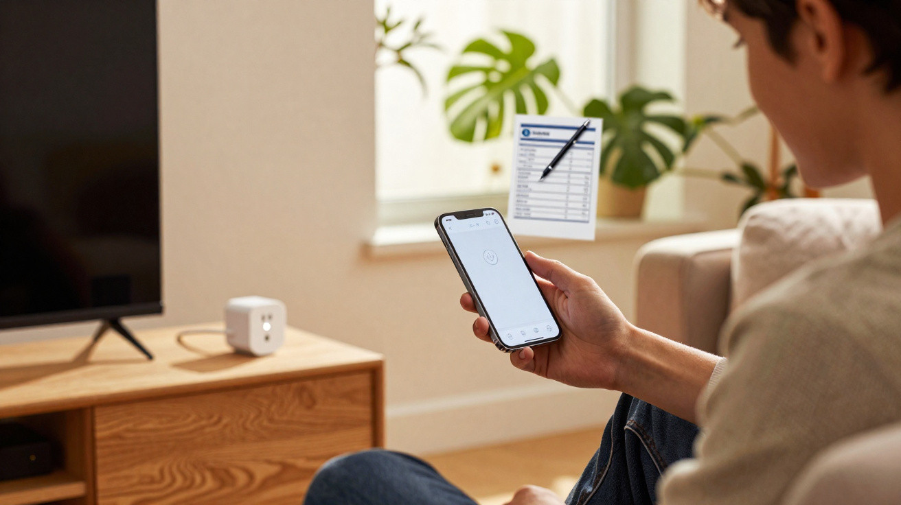 Pessoa segurando smartphone com lista de tarefas flutuante em sala de estar com televisão e planta ao fundo.