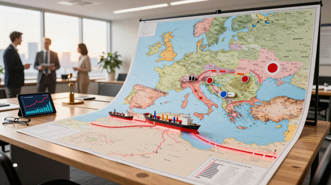 Mapa da Europa com rotas marítimas destacadas e três pessoas em reunião ao fundo em escritório moderno.