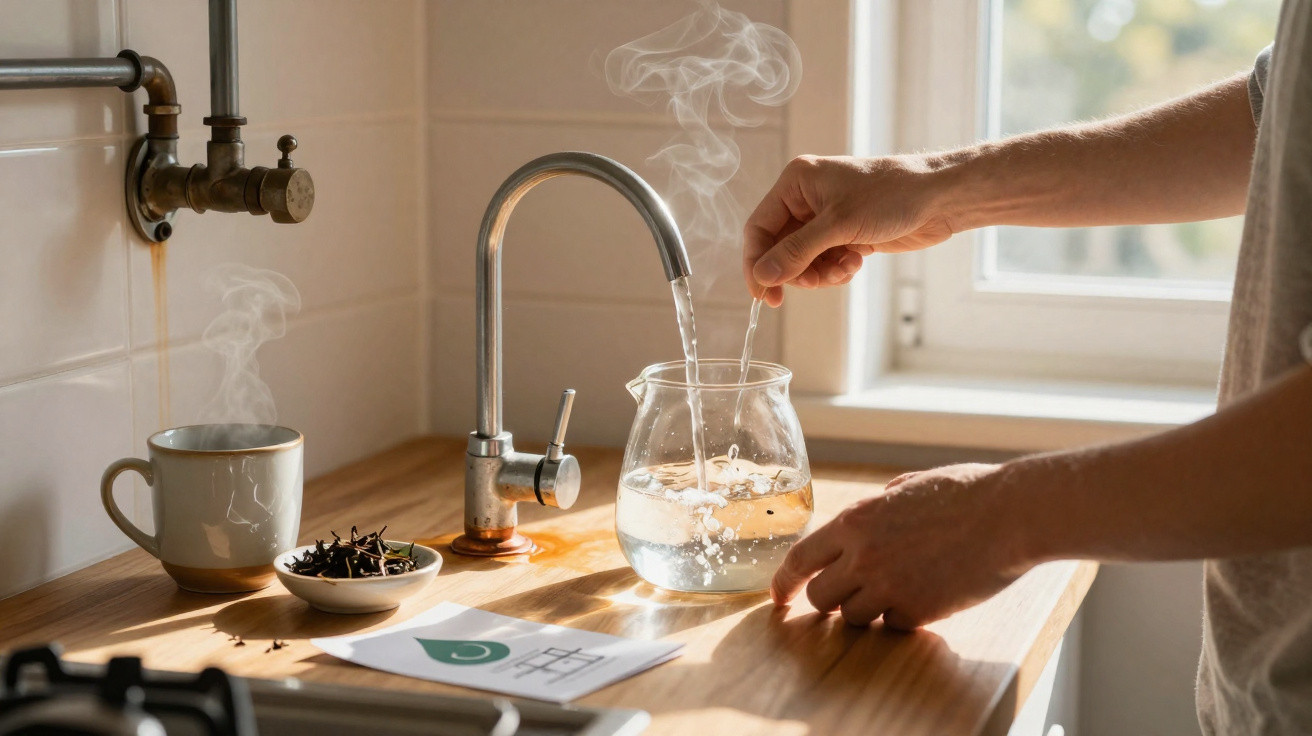 Mãos mexendo água quente em jarra transparente em cozinha com caneca fumegante ao lado.