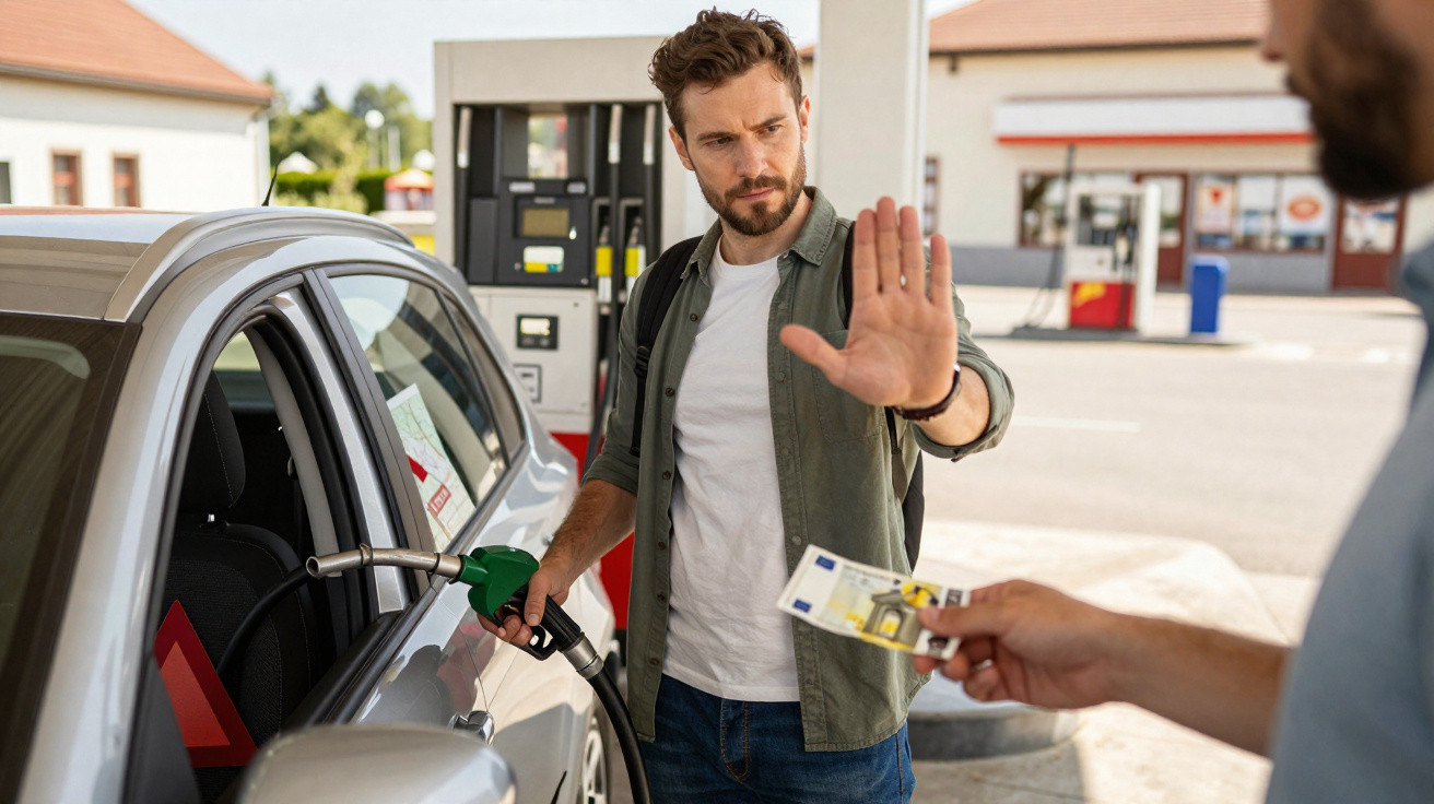 Homem recusando pagamento enquanto abastece o carro em posto de gasolina ao ar livre.