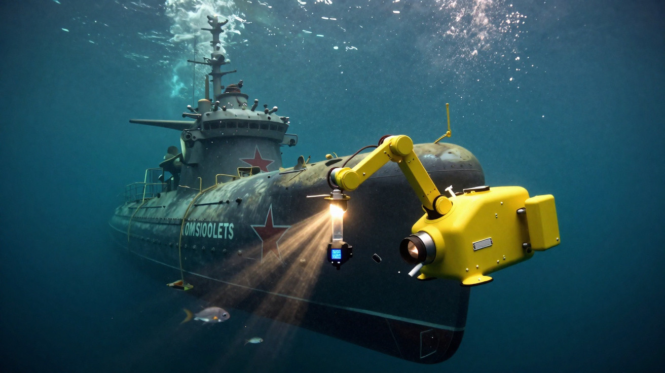 Submarino antigo com estrelas vermelhas e robô amarelo iluminando o casco no fundo do mar.