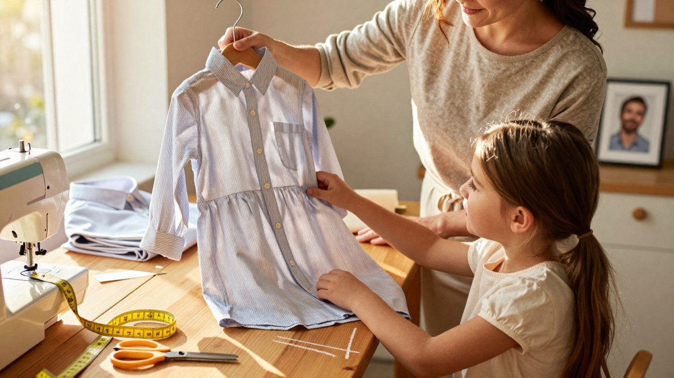 Mulher e menina seguram vestido azul em cabide sobre mesa com máquina de costura e tesoura.