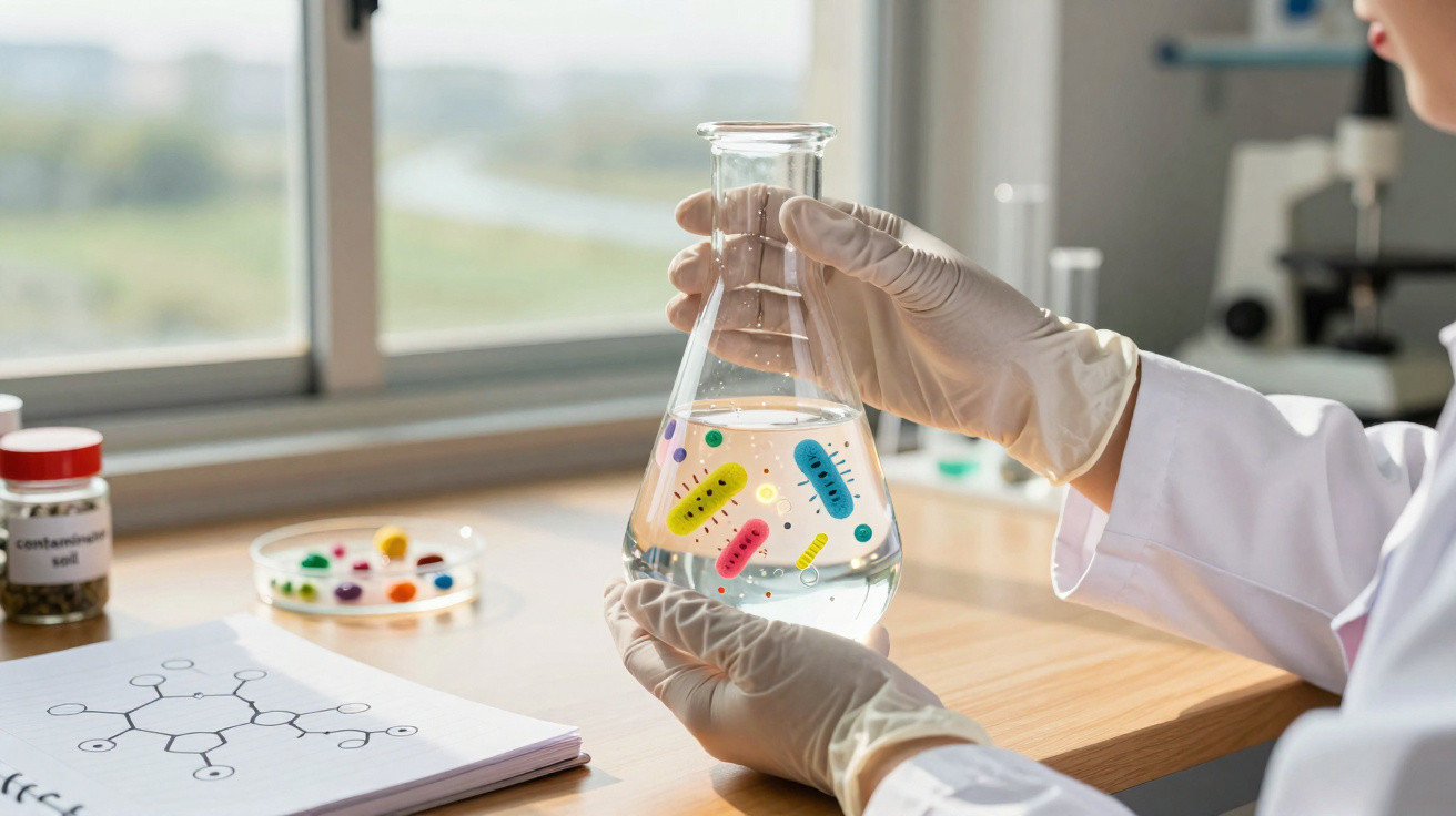 Mão com luva segurando frasco com líquido e ilustrações coloridas de bactérias em laboratório.