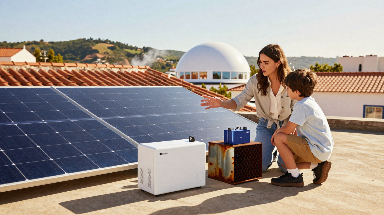 Mulher e menino observam baterias perto de painéis solares em telhado ensolarado com colinas ao fundo.