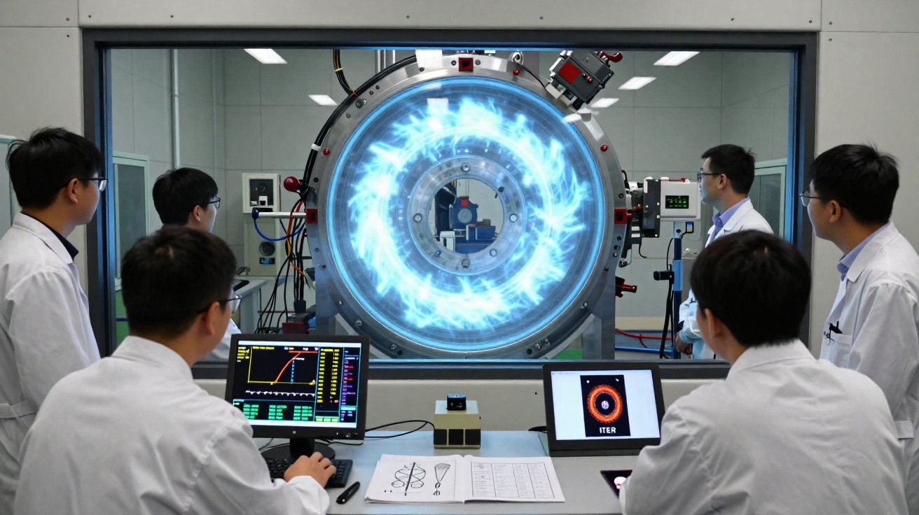 Cientistas observam equipamento de fusão nuclear com plasma azul girando em laboratório controlado.