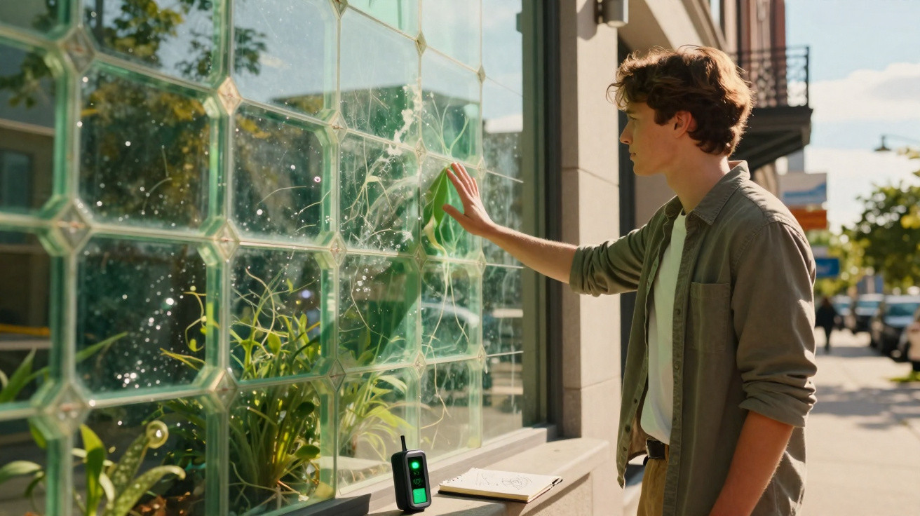 Jovem tocando vidro de vitrine de loja com plantas, enquanto um dispositivo e um caderno estão sobre o parapeito.