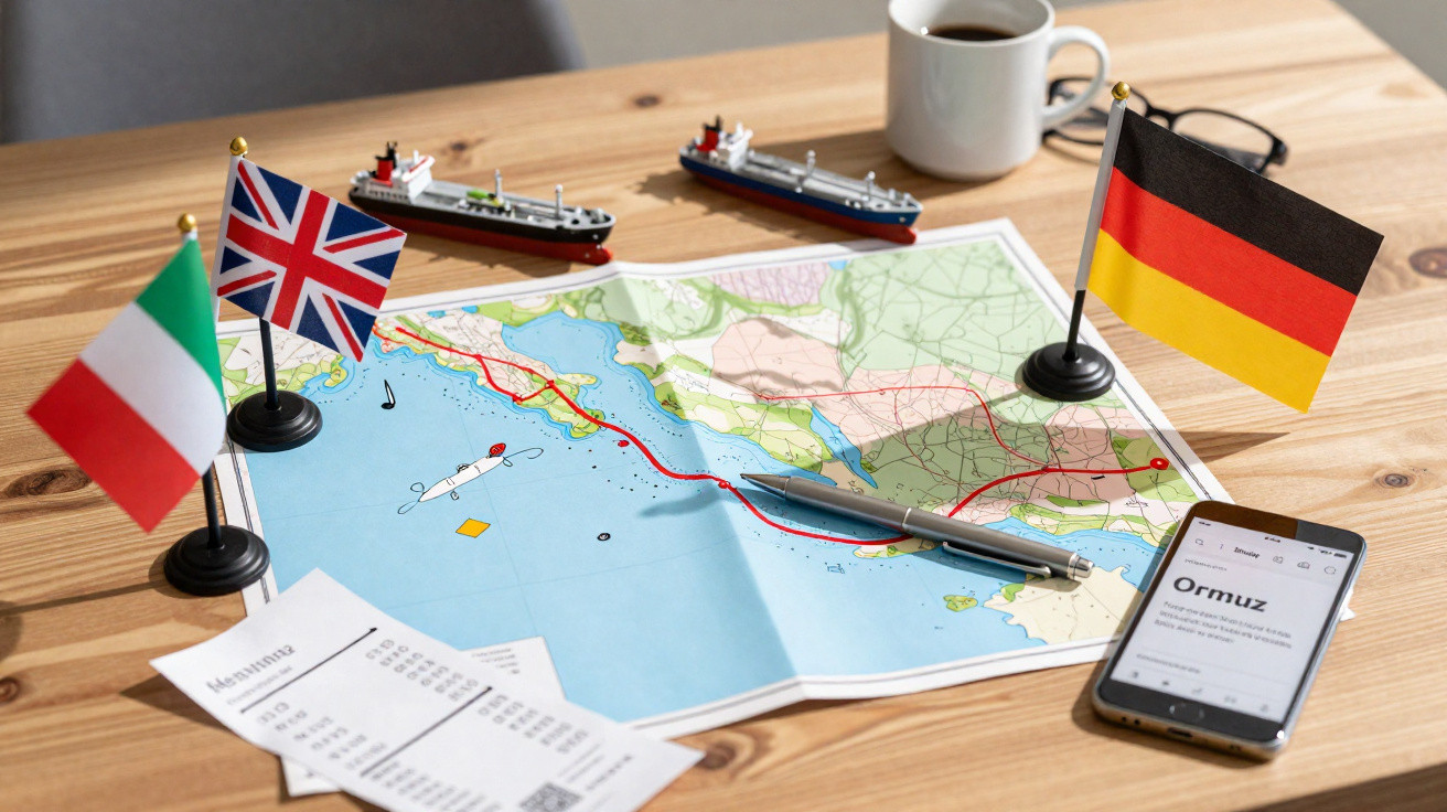Mapa náutico com rotas, bandeiras da Itália, Reino Unido e Alemanha, dois mini navios, xícara de café, celular e recibos sobr