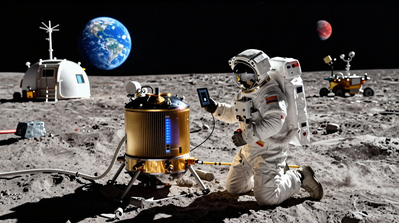 Astronauta em traje espacial operando equipamento na superfície lunar com Terra e Marte ao fundo.