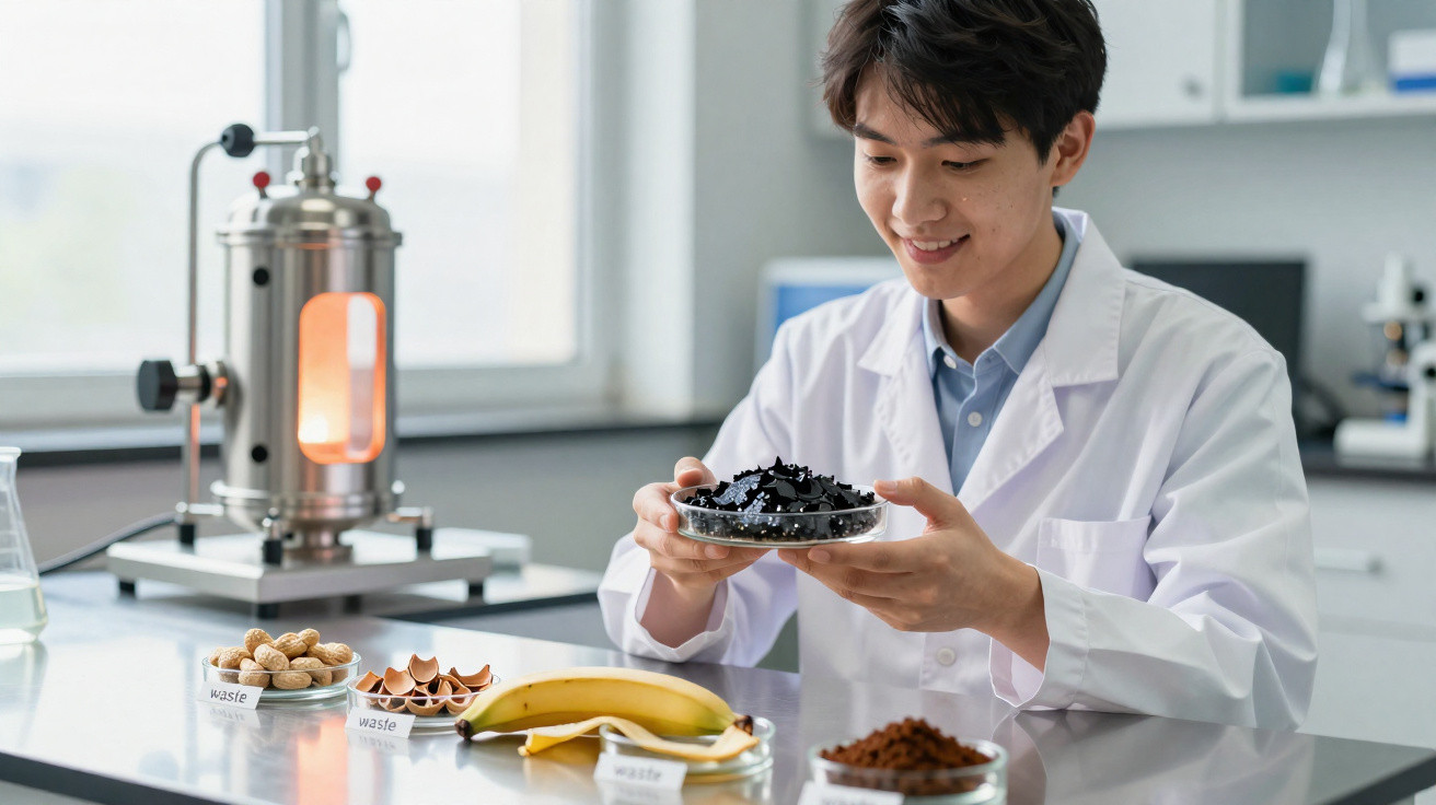 Cientista feliz em laboratório segurando placa com pedaços de carvão e várias amostras na bancada.