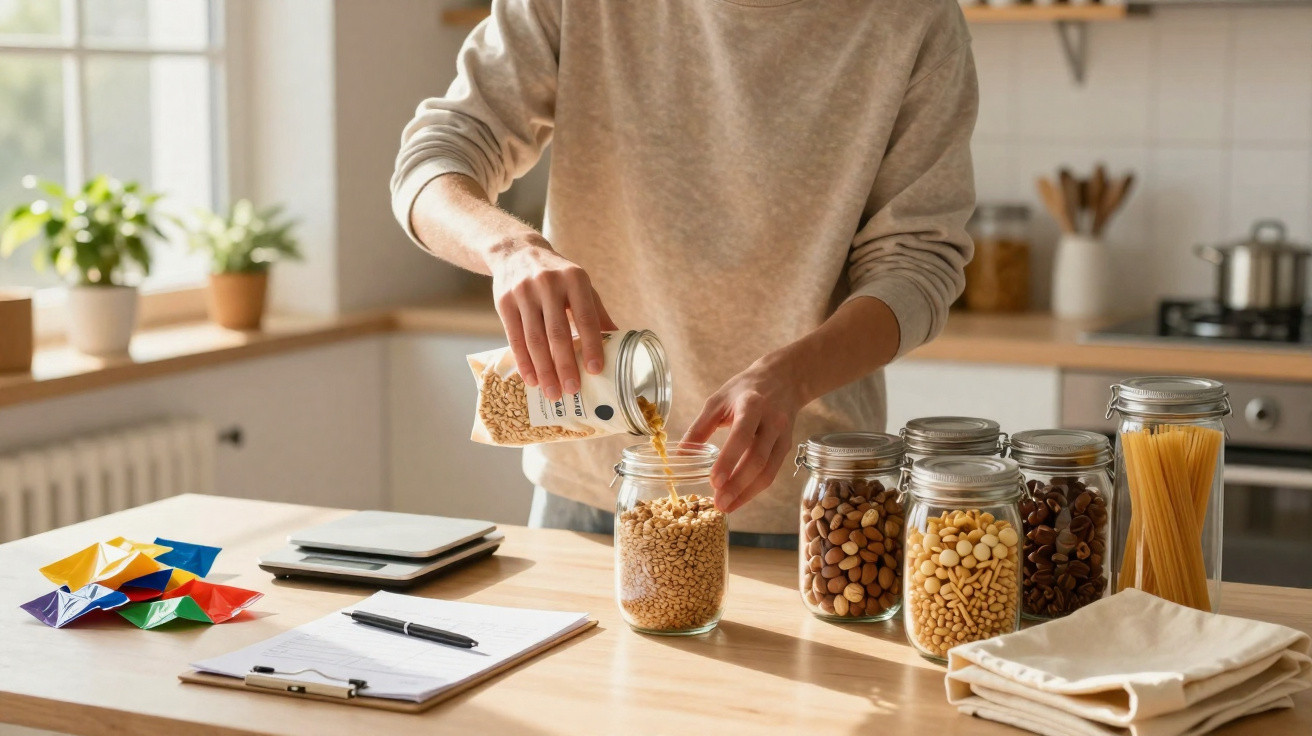 Pessoa enchendo pote de vidro com grãos na cozinha, com potes variados e bloco de notas sobre a mesa.