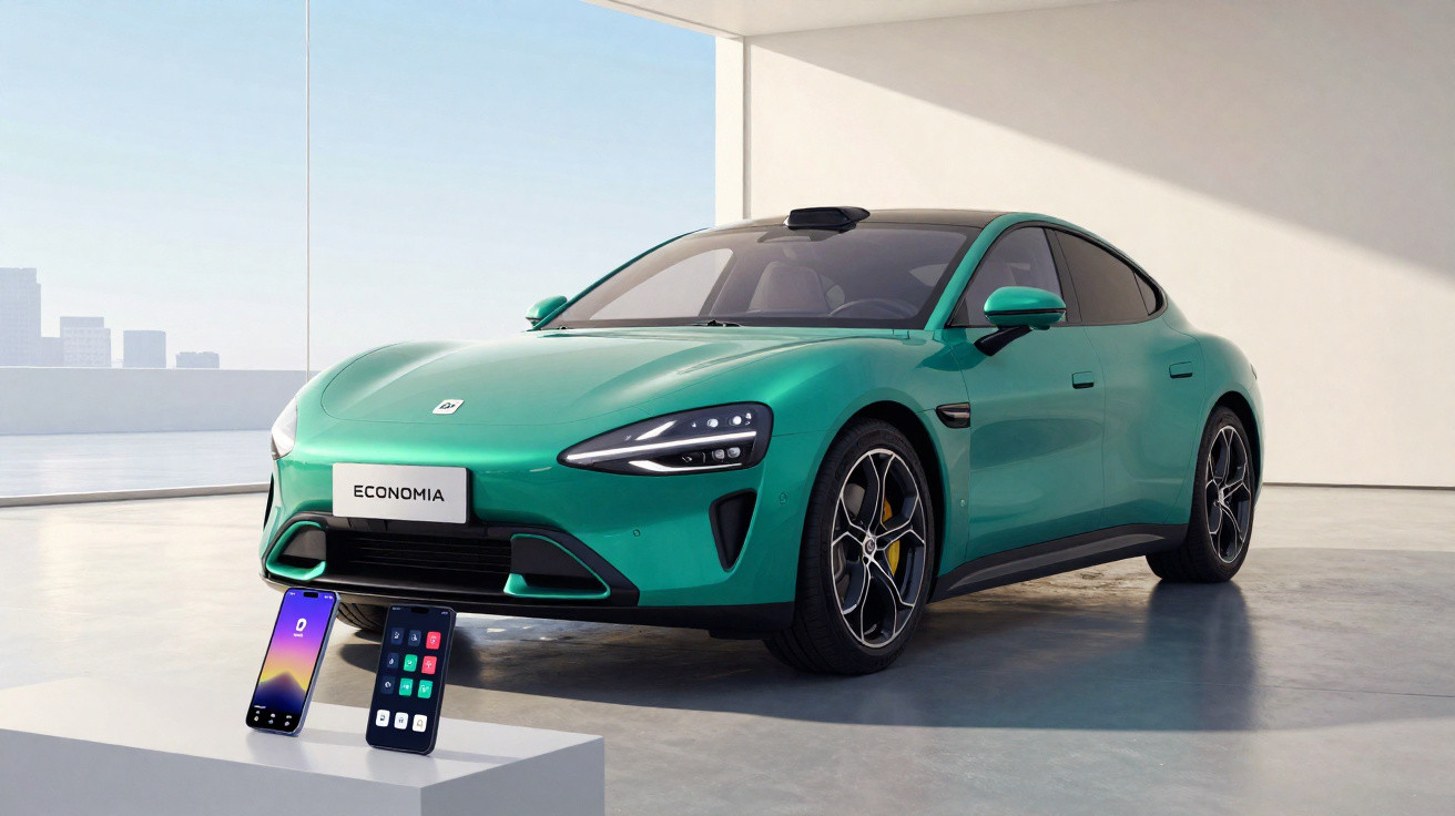Carro elétrico verde estacionado em ambiente moderno com dois celulares em pedestal branco à frente.