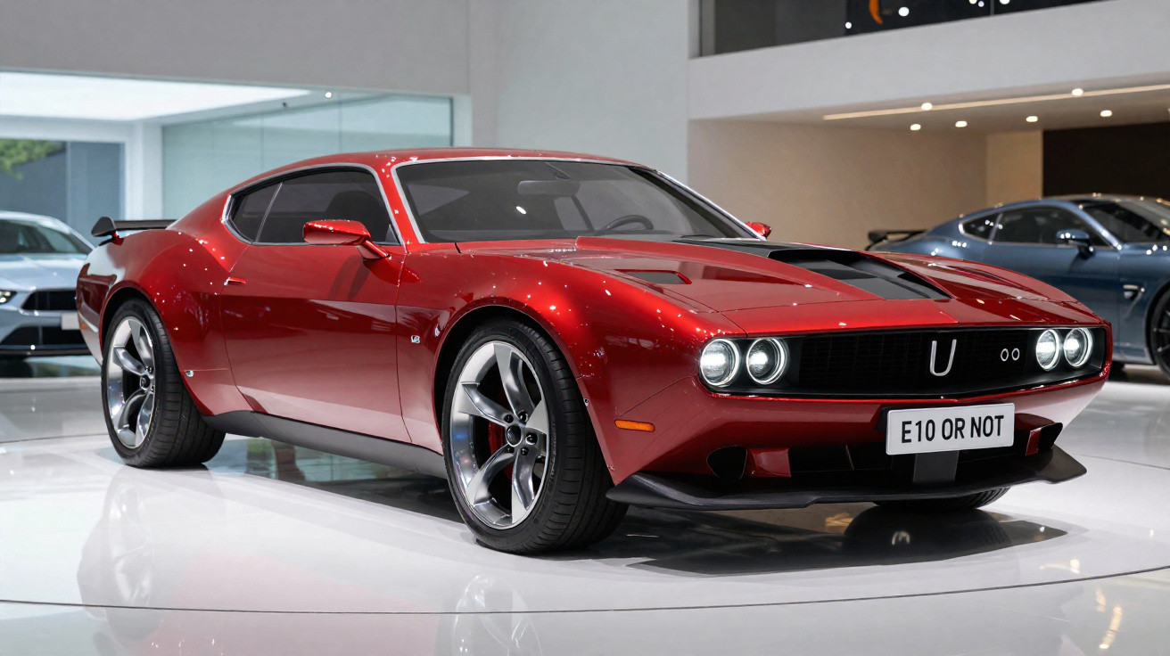 Carro esportivo vermelho brilhante com faróis duplos circulares em exposição interna, placa E10 OR NOT.