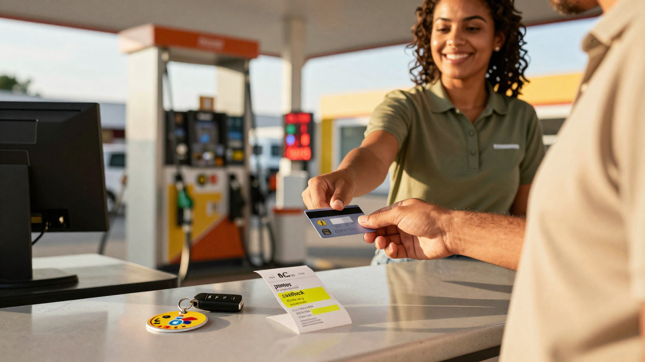 Pessoa pagando com cartão de crédito para atendente sorridente em posto de combustível.