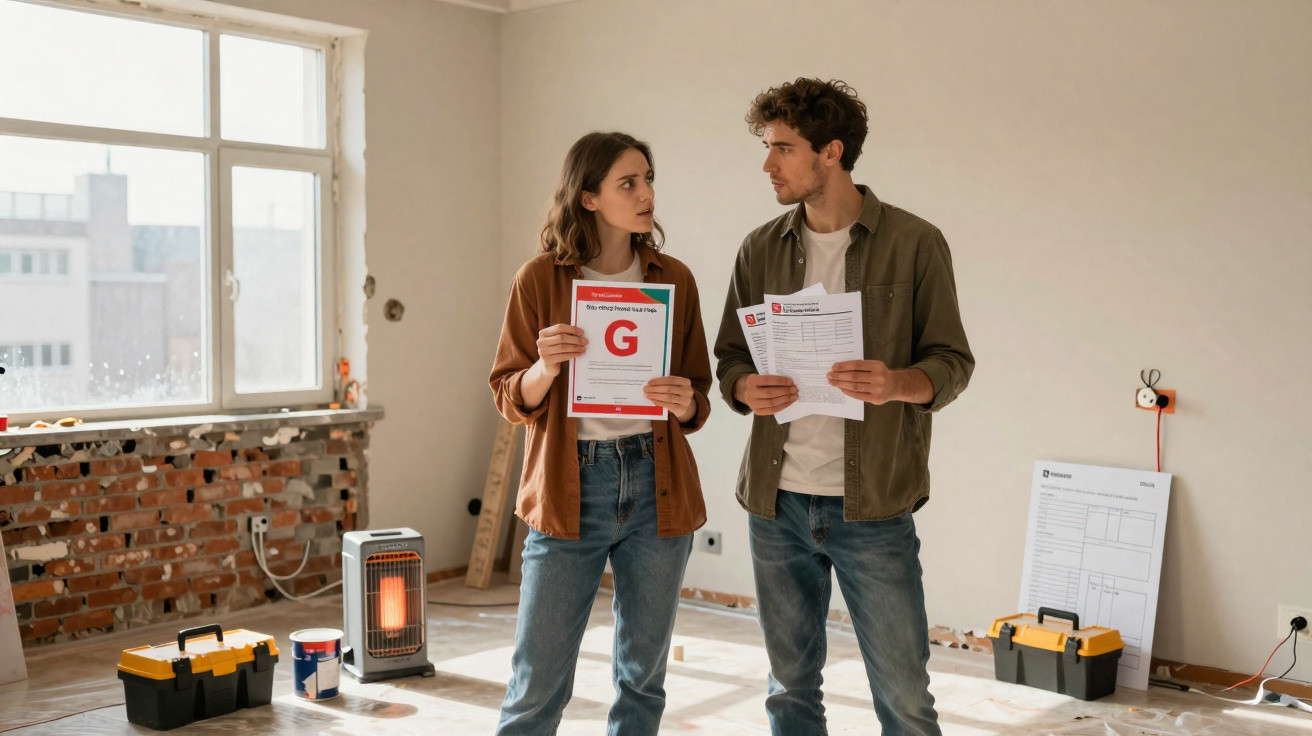 Casal em obra segura documento com avaliação de qualidade G em ambiente interno em reforma.