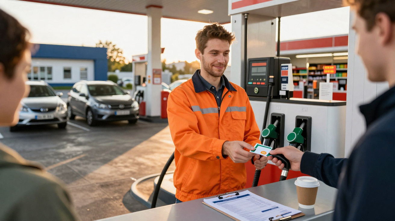 Funcionário com macacão laranja entrega cartão para cliente em posto de combustível ao pôr do sol.