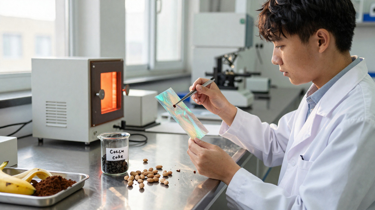 Pesquisador em laboratório aplicando amostra em lâmina, com amendoins, banana e pote identificado como "Coffee Cake".