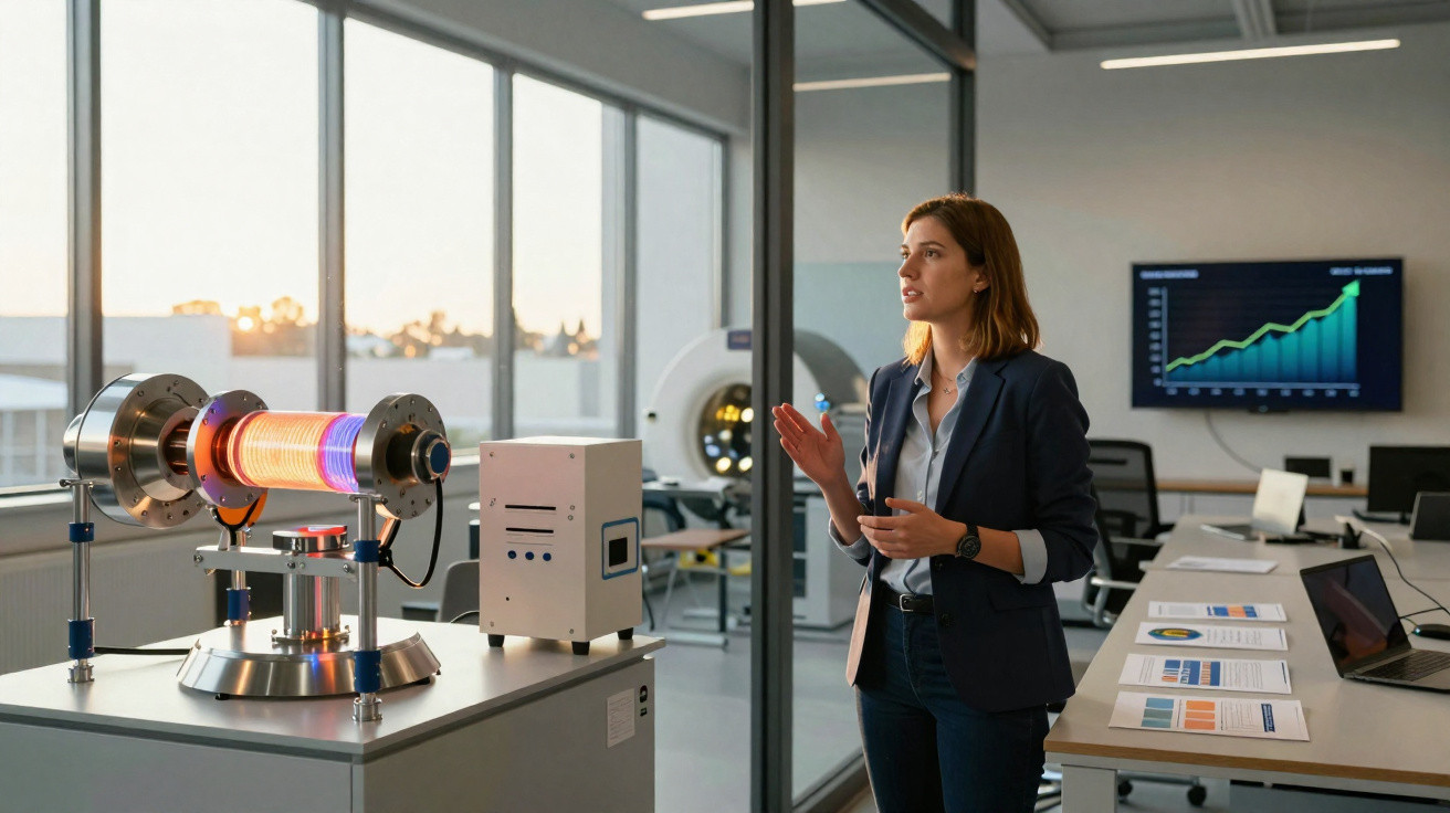 Mulher apresentando experimento científico em laboratório moderno com gráficos de crescimento ao fundo.