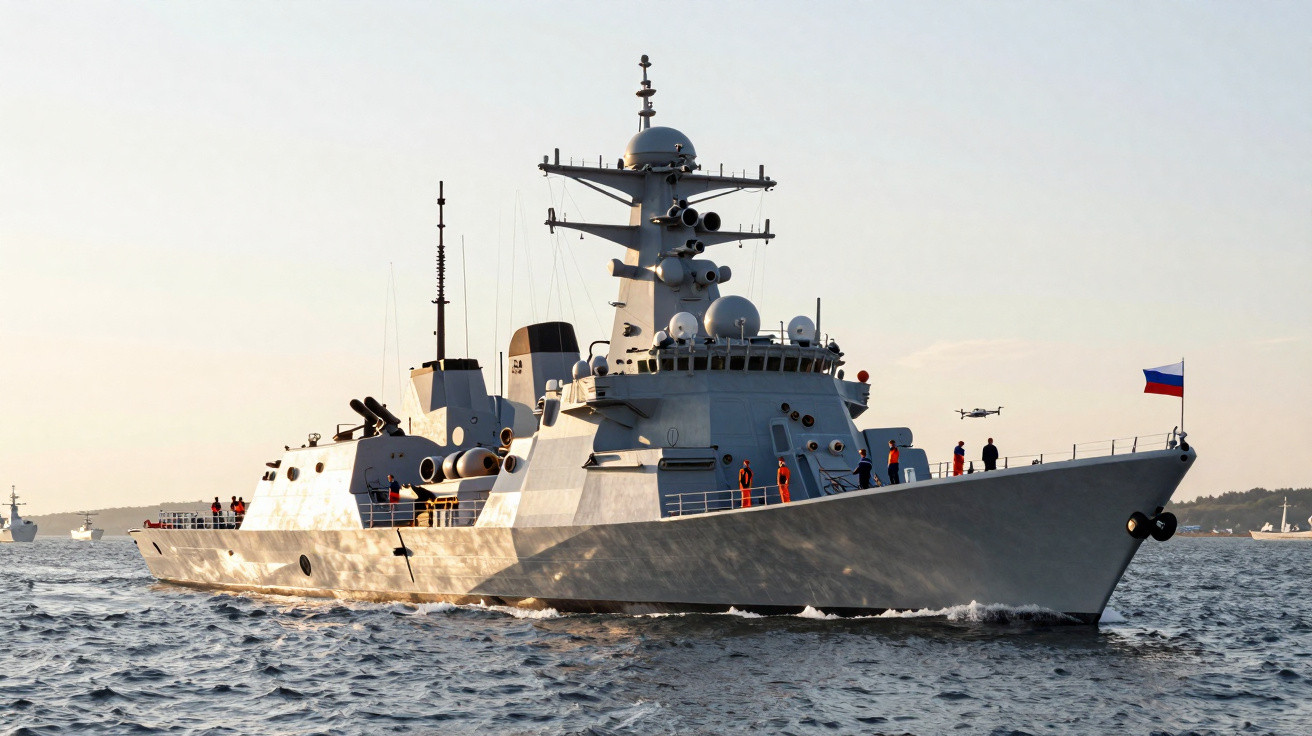 Navio militar russo em alto mar com tripulantes no convés e drone voando ao fundo.