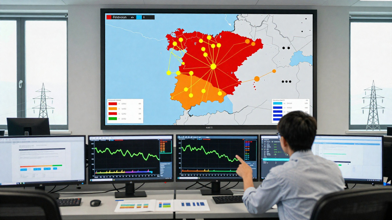 Sala de controle com vários monitores analisando gráficos e um mapa da Espanha com indicadores em cores.