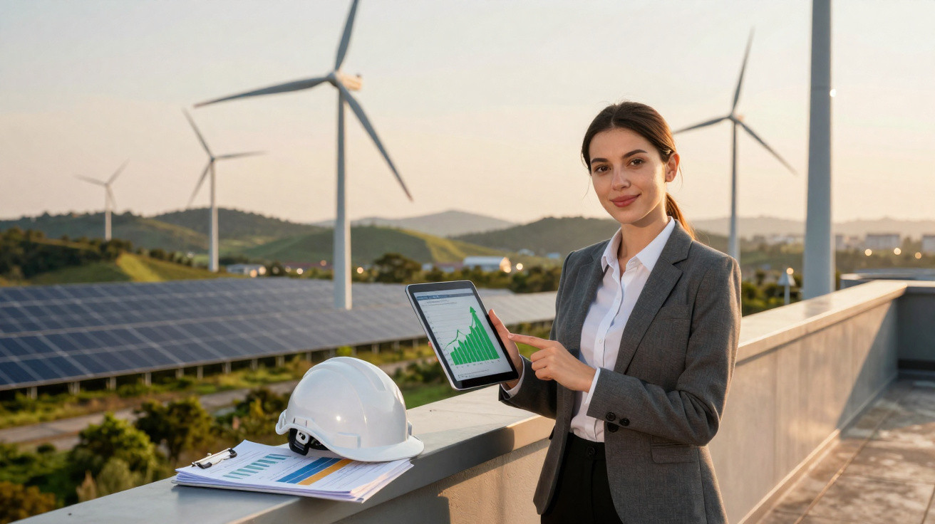 Mulher de terno apresenta gráfico em tablet em área externa com turbinas eólicas e painéis solares.
