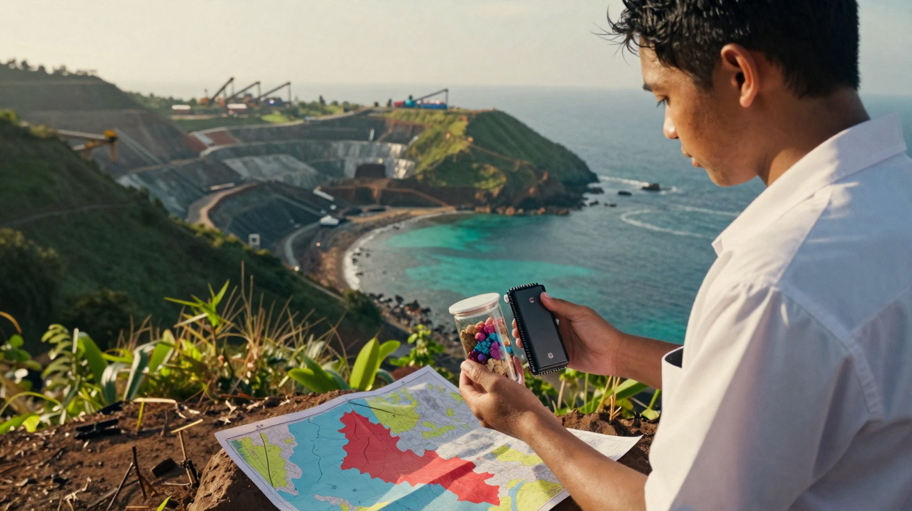 Homem observa amostras de solo com mapa e área costeira ao fundo em paisagem de encosta e mar.
