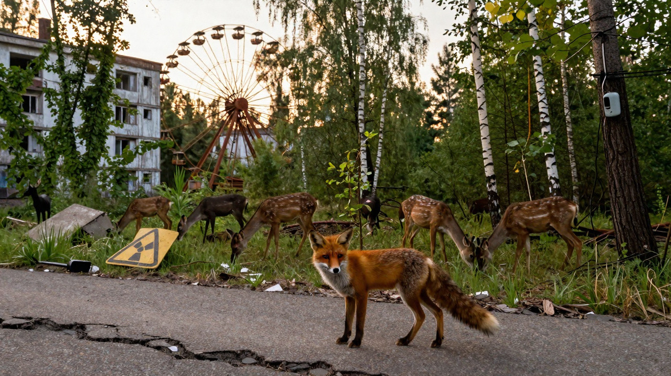 Raposa e cervos em área urbana abandonada com sinais de radiação e roda-gigante ao fundo.