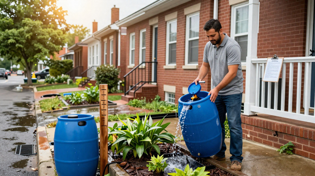 Homem regando plantas com água de barril azul na calçada em bairro residencial.