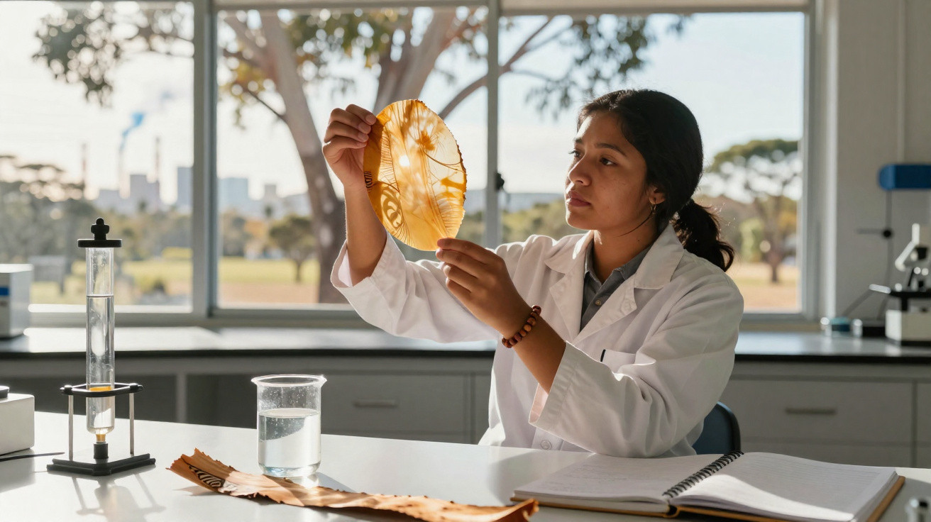 Mulher cientista analisando placa de cultura bacteriana em laboratório com materiais e caderno à mesa.