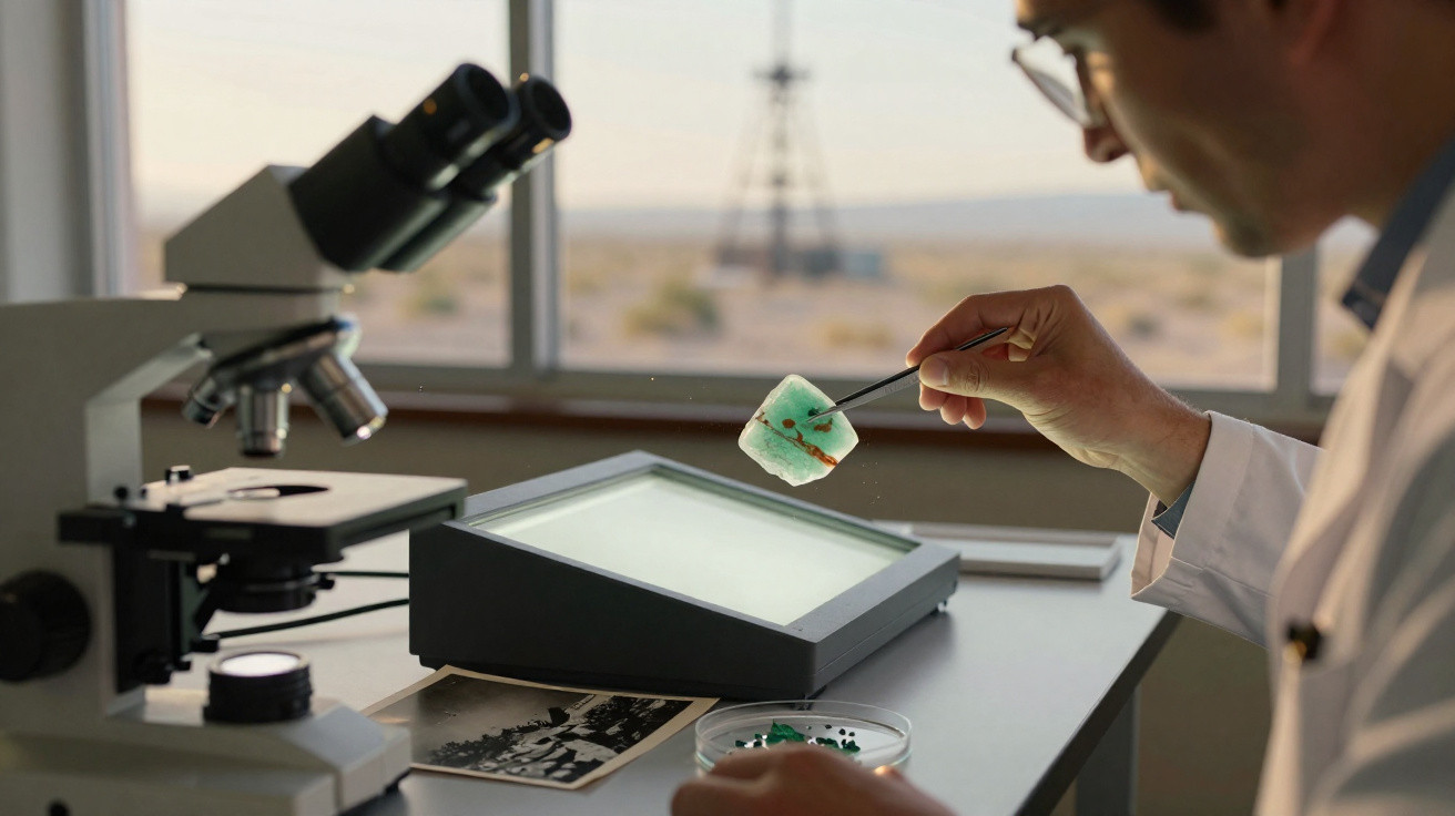 Cientista analisando amostra verde com pinça em laboratório ao lado de microscópio e lâmpada de luz.