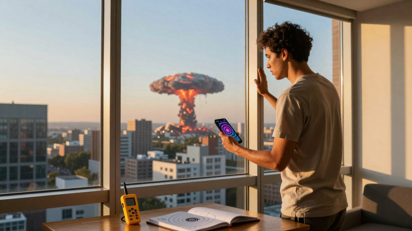 Homem observa explosão nuclear em forma de cogumelo pela janela de um edifício moderno.