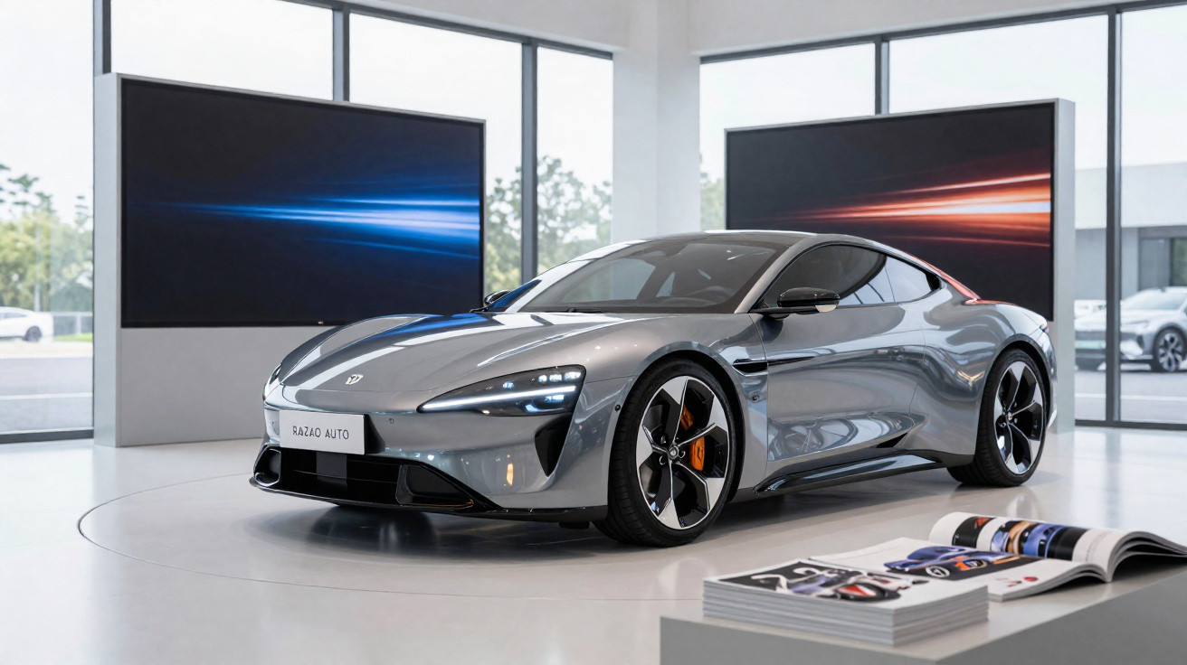 Carro esportivo cinza prata elétrico exibido em showroom moderno com janelas grandes e revistas à frente.