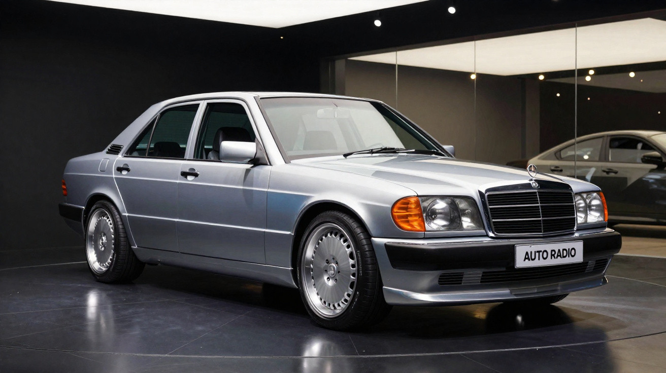 Carro sedan clássico Mercedes-Benz prata em exposição com paredes espelhadas ao fundo.