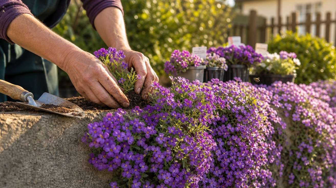 Pessoa plantando flores roxas em canteiro com pá de jardinagem ao lado em ambiente ensolarado.