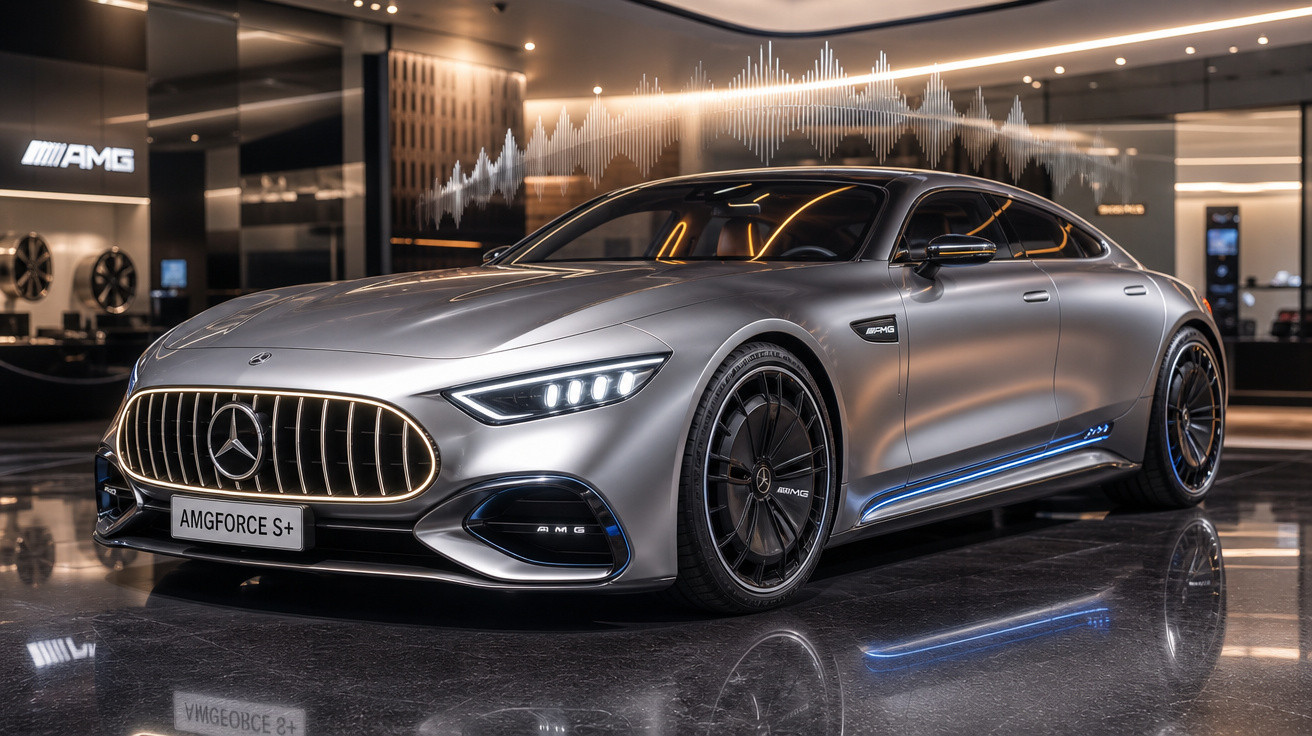 Carro esportivo Mercedes-Benz AMG Force S+ prata exibido em showroom moderno com iluminação sofisticada.