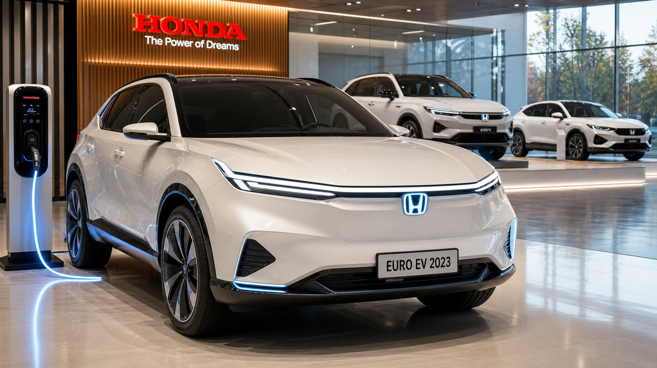 Carro elétrico branco Honda Euro EV 2023 carregando em estação dentro de showroom moderno.